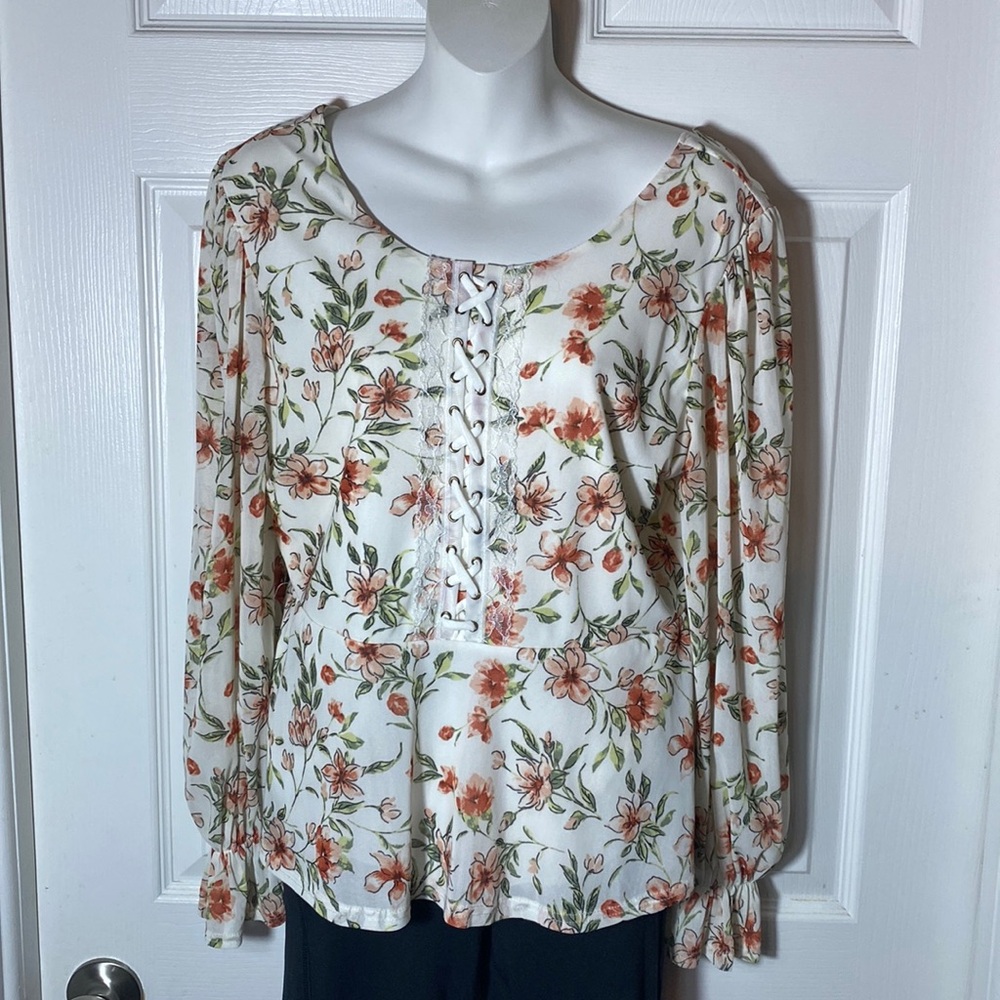 Ember Floral Peasant Top Blouse Size Large Long Sleeve